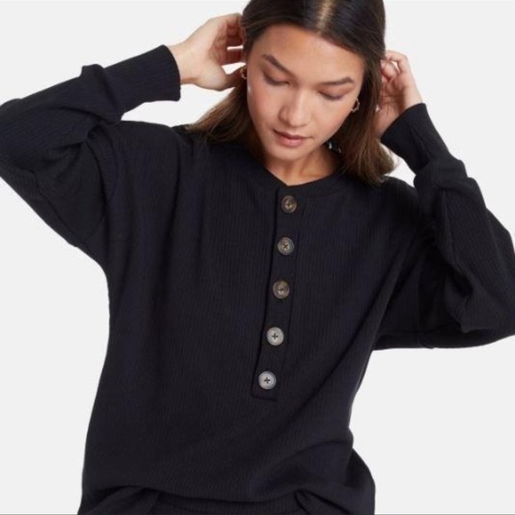 LETT Kruger Henley Ribbed Top In Black Size Large NWT - Picture 1 of 10